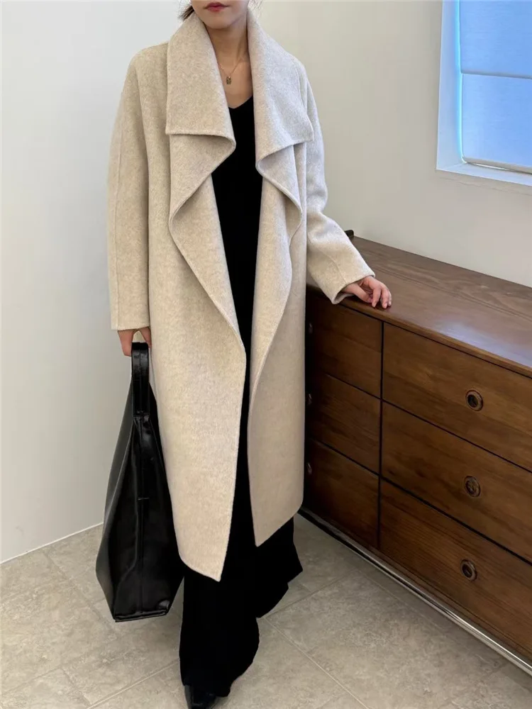 Turn Down Collar Double Wool Side Long Trench Wool Coat Women Fashion Thick Loose Winter Jacket 2025 Korean Coat Suit for Women