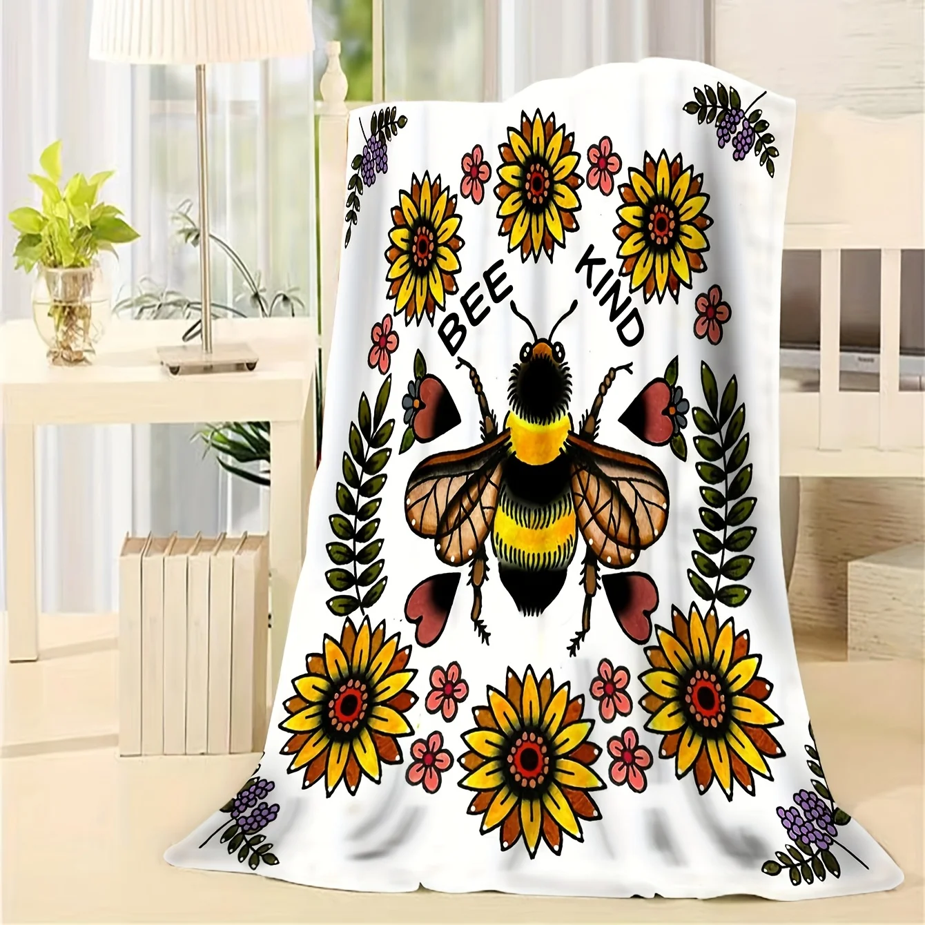 1pc Vintage Bee Floral Print Blanket, Cartoon Flannel Blanket, Soft Warm Throw Blanket Nap Blanket For Couch Sofa Office Bed Cam