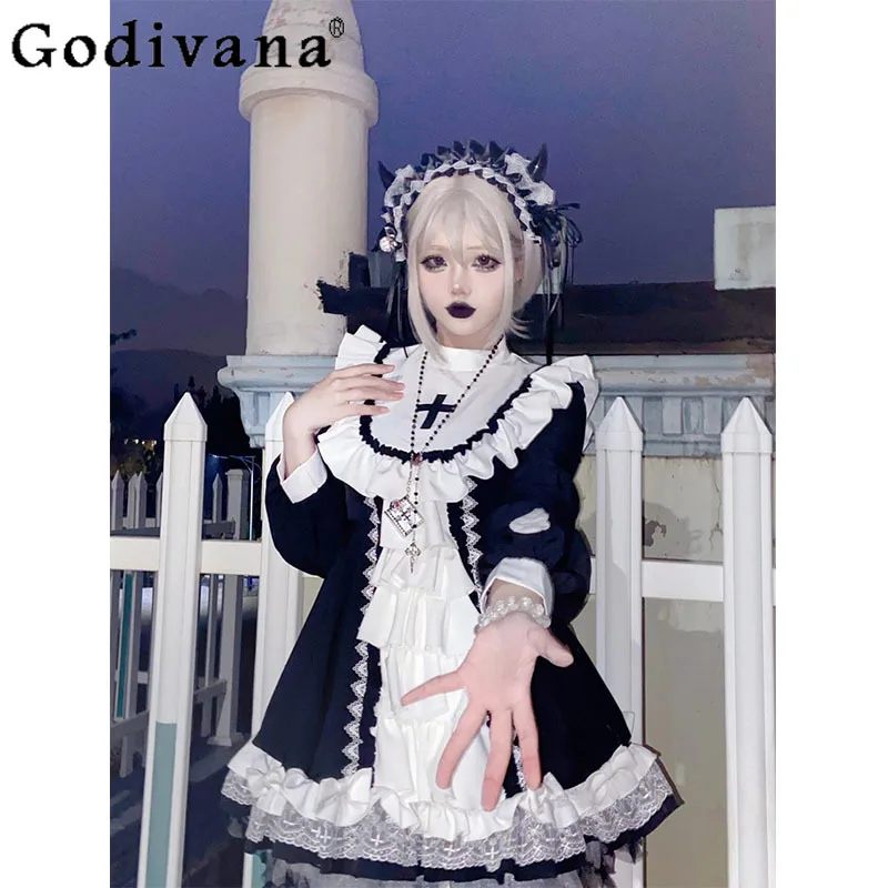 Halloween estilo gótico lolita vestido curto feminino preto lolita bonito inchado vestido de princesa feminino japonês cosplay vestido de empregada