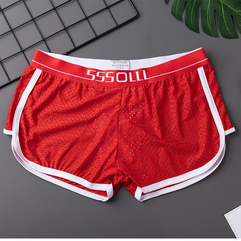 Mens Arrow Shorts Mesh Hollow Breathable Underwear Double Layered U Convex Pouch Boxers Elastic Sleep Bottoms Swimwear Trunks