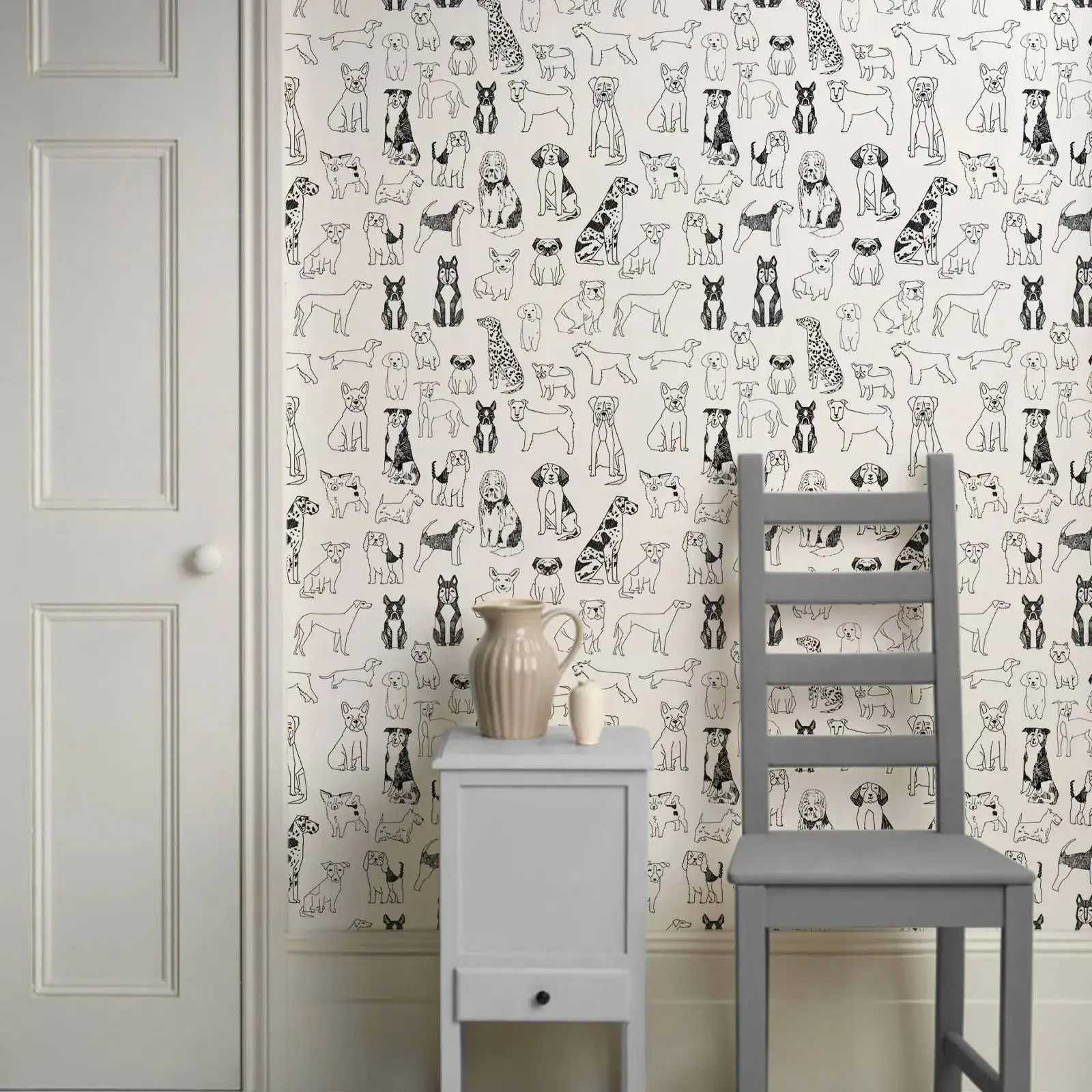 Dog Illustration Non-pasted Wallpaper Black and White Dogs, Black and White Puppy Wallpaper Roll Of Children's Rooms, 50cm*300cm