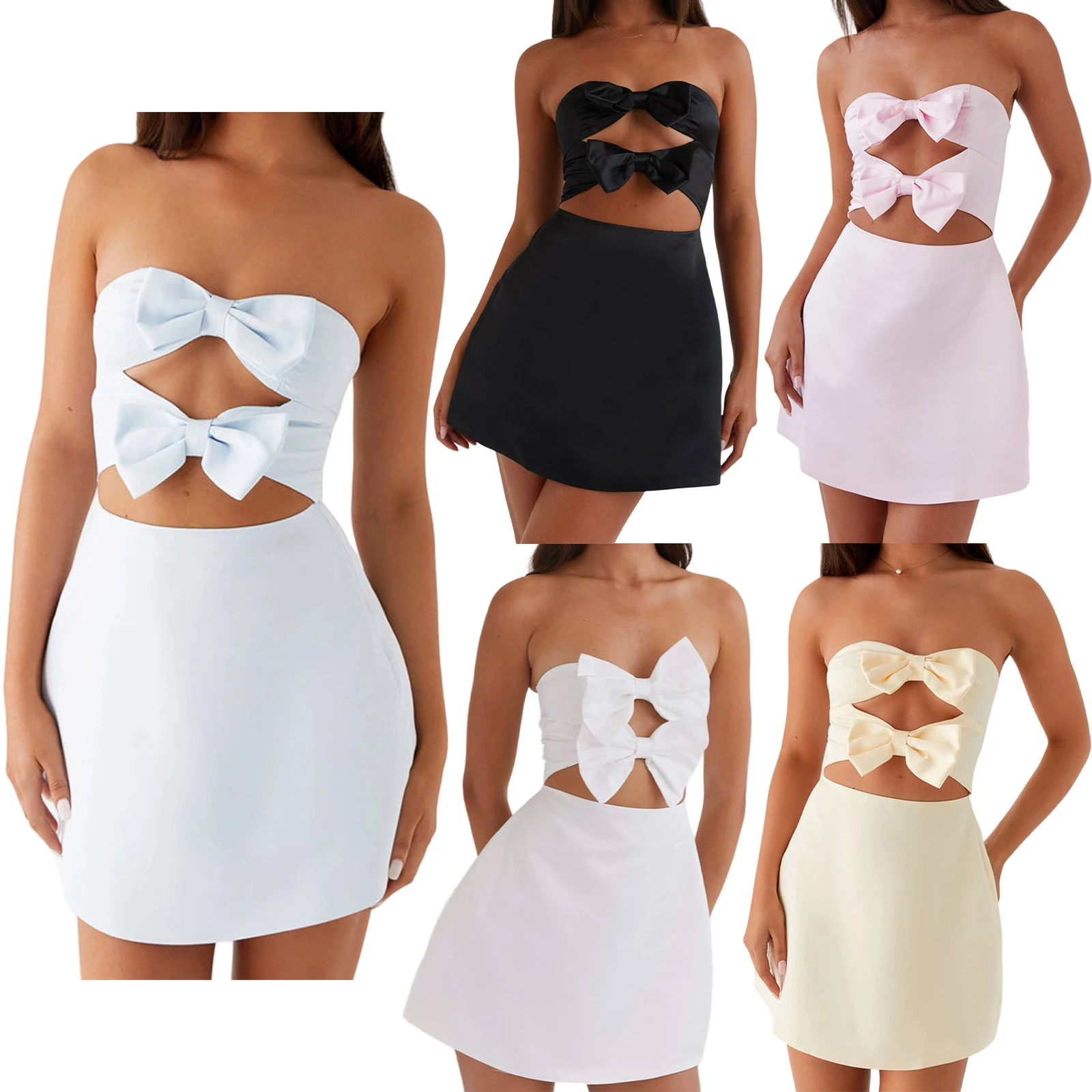 Combhasaki المرأة الصيف حمالة أنيقة ثلاثية الأبعاد القوس ديكور الجبهة انقطاع سستة عارية الذراعين سليم قصير ألف خط فستان أنبوب الشارع الشهير