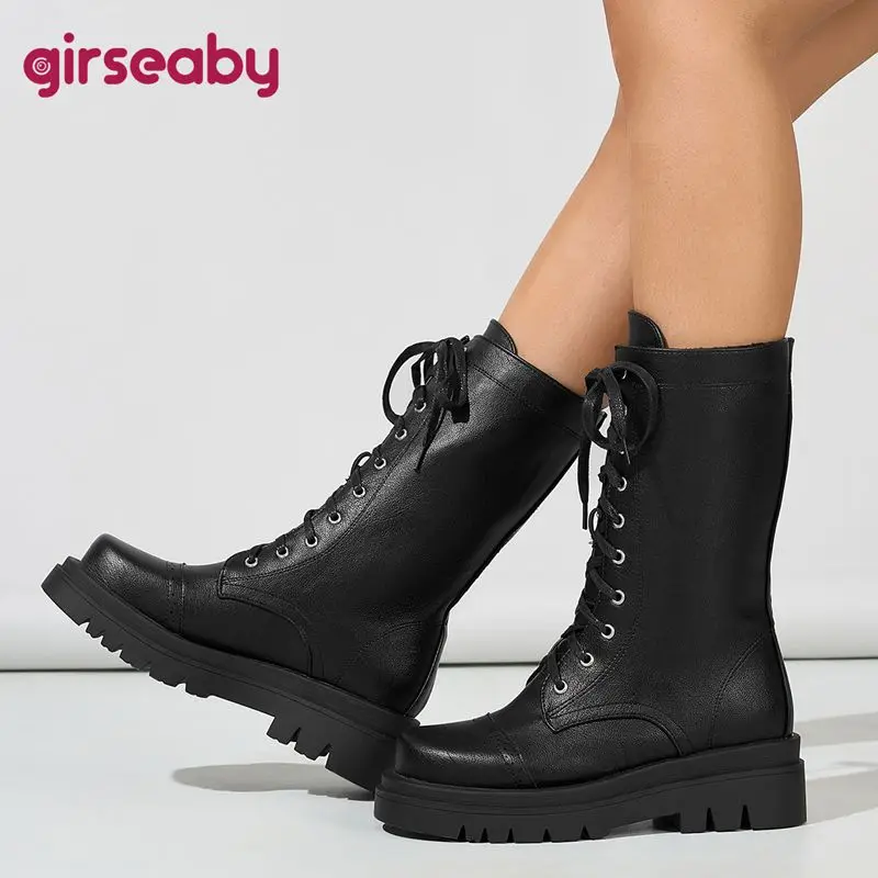 

Girseaby 2026 Дизайнерские женские сапоги до середины икры с круглым носком на толстом каблуке 5 см на платформе со шнуровкой Большой размер 42 43 Винтаж Мягкие повседневные бота