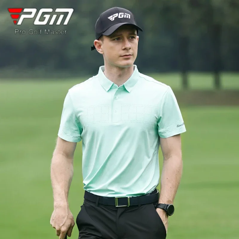 PGM Men Breathable Cooling Golf Shirt Male Turn Down Collar Short Sleeve Top Men Anti-Uv Fast Dry Golf T-shirt Casual Sportswear