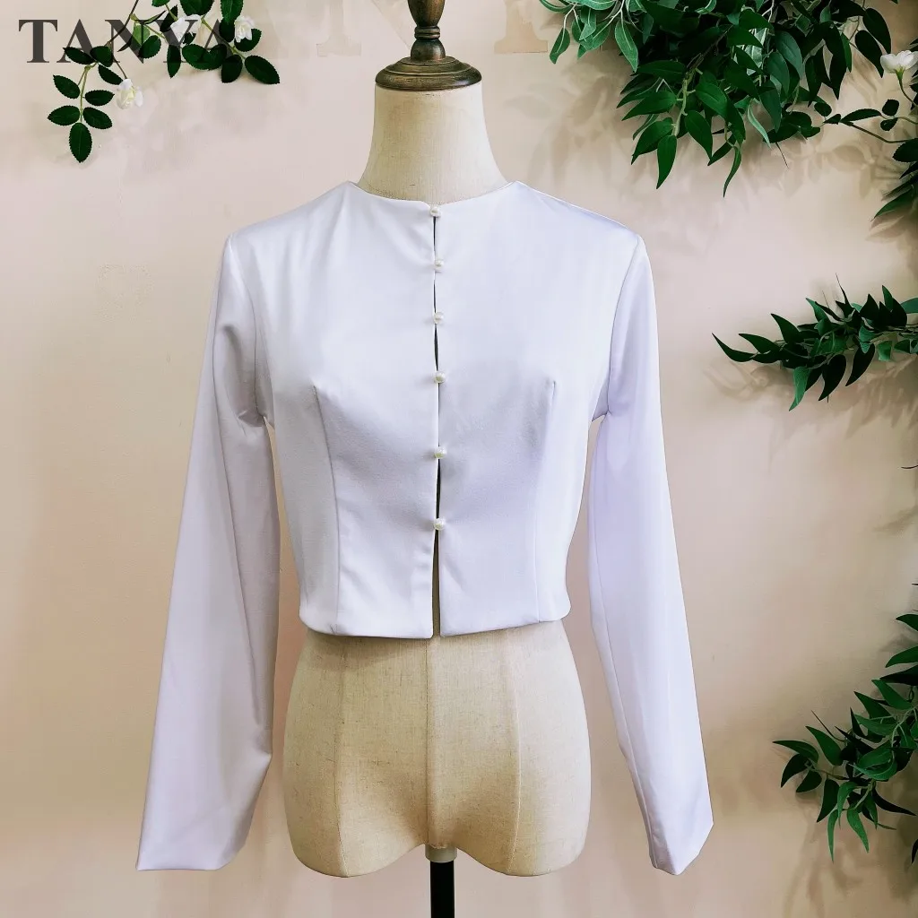 Women Long Sleeves White Satin Wedding  Jacket Round Collar Bolero Coat Matching Bridal Dress Ladies Elegant Wrap Customize