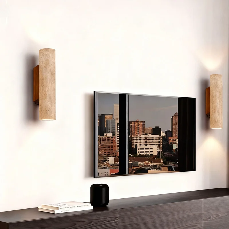 الجوز اللون الأصفر الترافرتين الجدار الخفيفة وابي سابي الطعام غرفة نوم السرير حتى أسفل توهج المحيطة LED الجدار الخفيفة