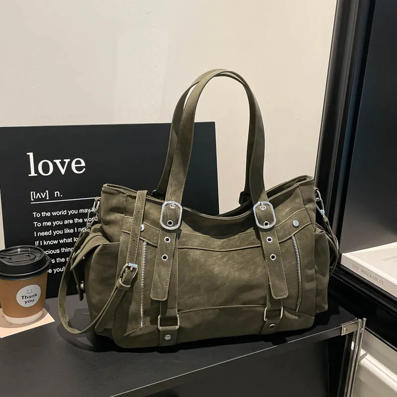 2026 High Quality Motorcycle Style Bags Faux Suede Solid Color Zipper Buckle Casual Tote Large Capacity Texture Shoulder Bag