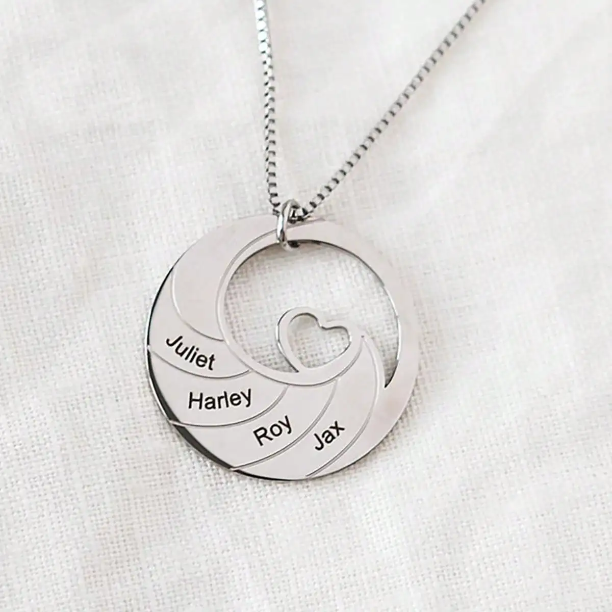 Wave Spiral Heart-shaped Stainless Steel Necklace Personalized Name Pendant, Box Chain, Suitable for Mother or Friend