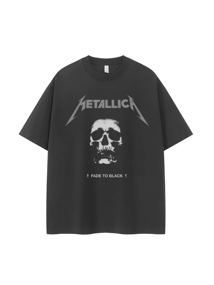 Retro American Street Dark Skeleton Design Rock Music Metal Band Short Sleeve T-Shirt Urban Fashion Breathable Cotton Casual Top