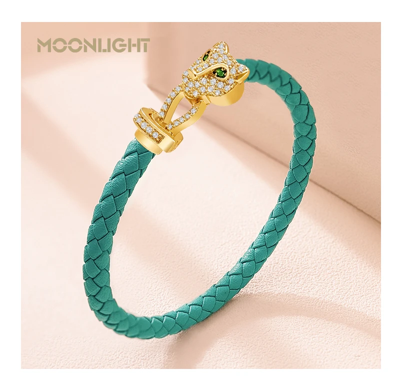 MOONLIGHT Classic Design Exquisite Cheetah Zircon Bracelet for Women Braided Leather Bracelet Quality Banquet Couples Gift