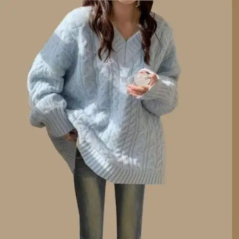 المرأة شيك الأزرق سترة فضفاضة نصف الياقة العالية البسيطة الكرة ثوب قطعتين مجموعة سيدة الخريف الشتاء متماسكة القمم فساتين سوداء وتتسابق