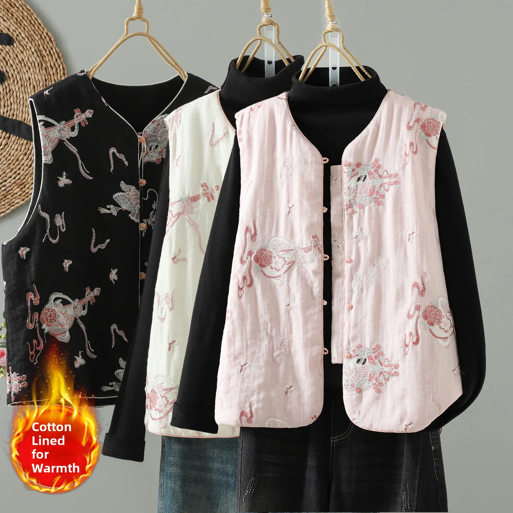 Elegant Embroidered Jacket Top Longline Stand Collar Regular Fit Button up Versatile Fashionable Autumn Winter Vest for Women