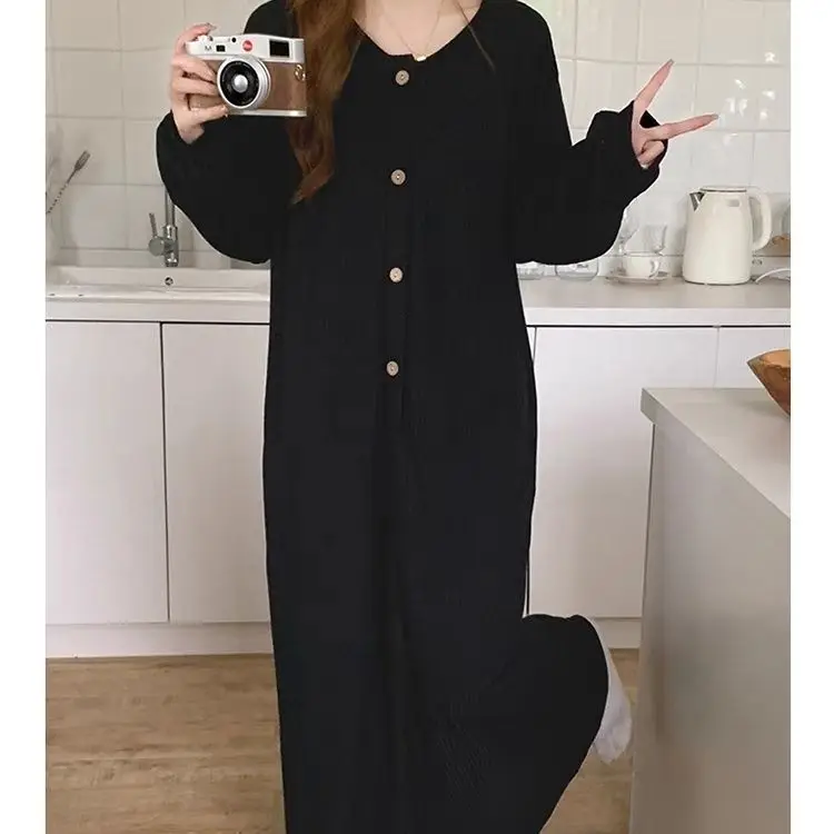 

Large Size Long-sleeved Nightgown for Women in Spring Autumn New Extended Knee Pajamas Home Clothes Midi Dresses Sleep Women's