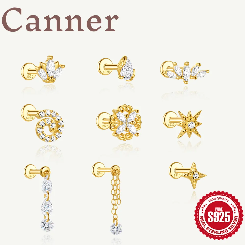 CANNER Cartilage Piercing Stud Earrings 925 Sterling Silver 16G Helix Tragus Cartilage Flat Blat Stud Earring 5/6/8MM Jewelry