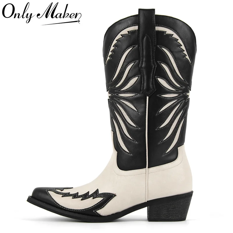 

Onlymaker Women Western Cowboy Boots Pointed Toe Embroidered Block Heel Fashion Pull-On Cowgirl Boots