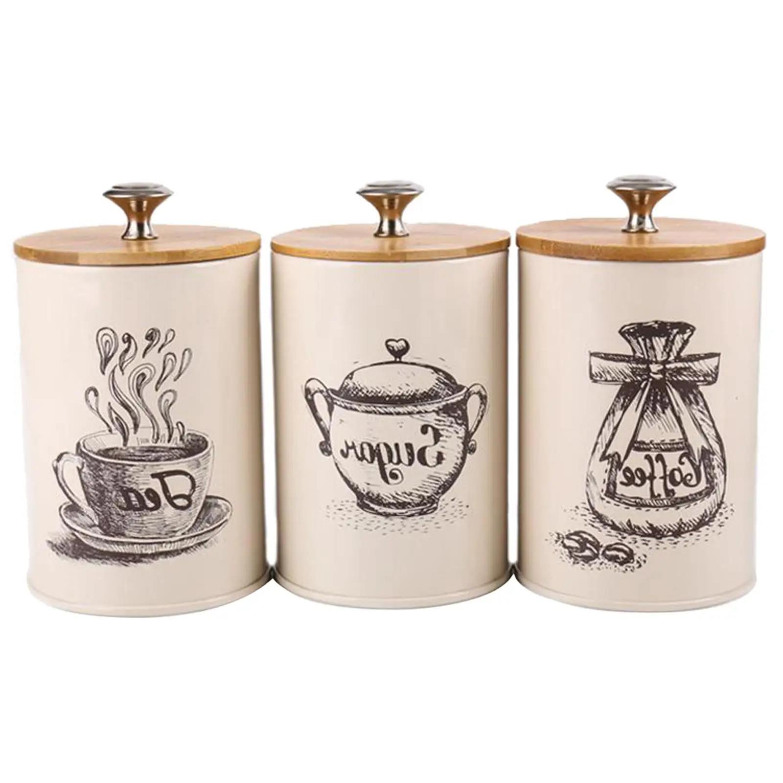 3x Retro Tea Coffee Sugar Canisters Storage Jar Pots Tin Iron with Lids