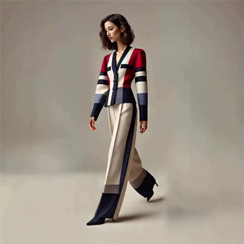 Elegant women's color blocked striped matching set V-neck top, wide leg pants, women's autumn fashion office 2-piece set