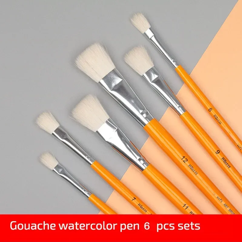 6 pcs Set Wool hair pen Watercolor Gouache Acrylic paint Brush Adult Ceramic Painted Art Supplies Orange short wood rod