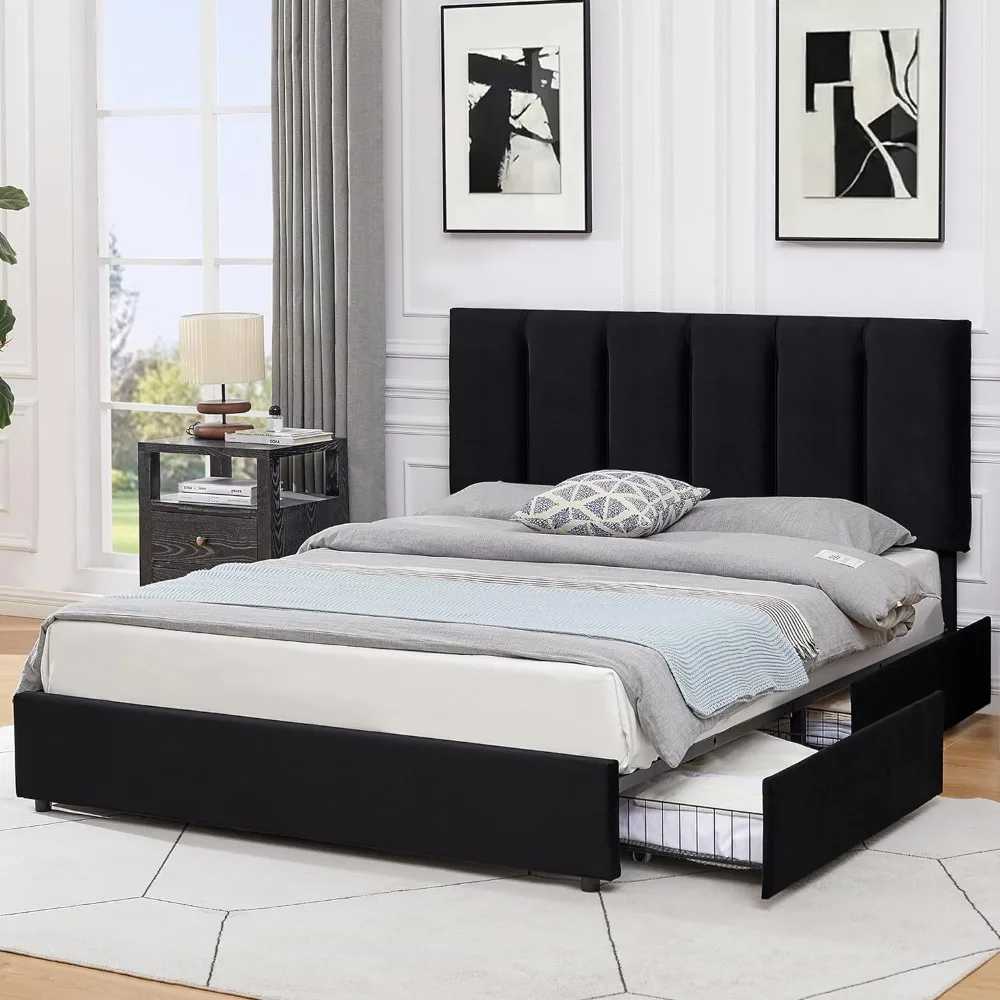 Queen Upholstered Bed Frame with 4 Storage Drawers and Adjustable Velvet Headboard, Heavy-Duty Platform bedframe