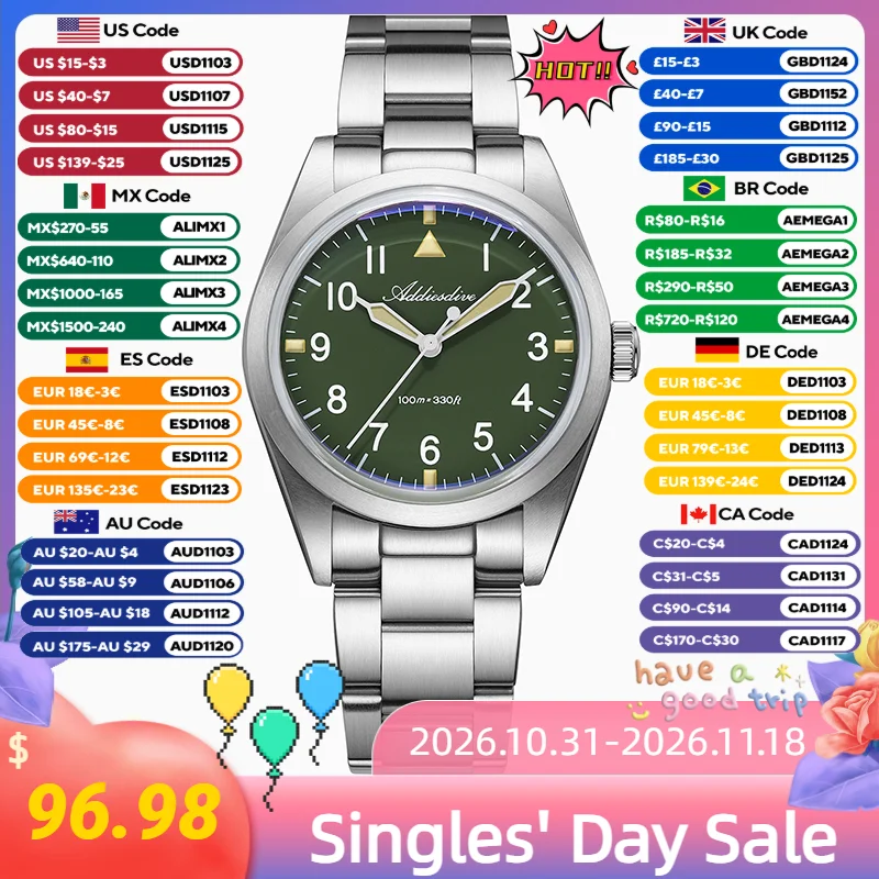 ADDIESDIVE Hight Quality Titanium Alloy Japan VH31 Bubble Mirror Glass Women's Quartz Watch 36MM 10Bar Waterproof Wristwatches