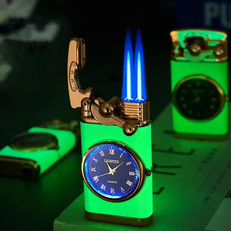 2026 New Luminous Rocker Watch Metal Lighter Color Light Bulb Cigarette Lighter Butane Double Torch Windproof Men's Gift