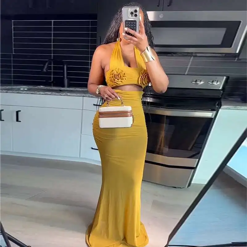 

Women's Clothing 2025 New Autumn Sweet and Fresh Hanging Neck Three-dimensional Flower Decoration High Waist One-step Dress Long