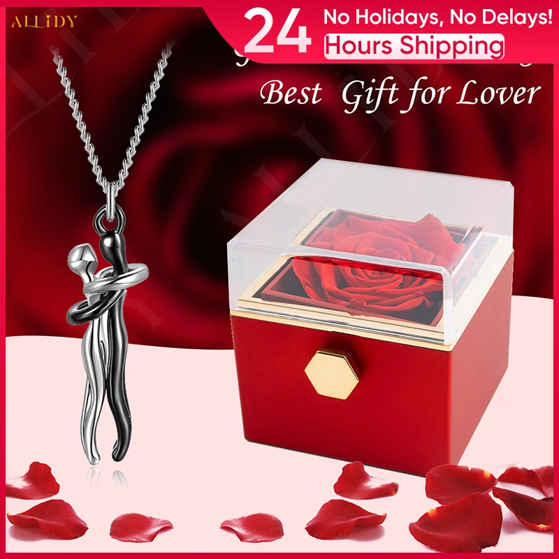 Lover Hug Necklace Black and Silver Color Stainless Steel Metal Necklace with Rose Flower Jewelry Box for Girlfriend Lover