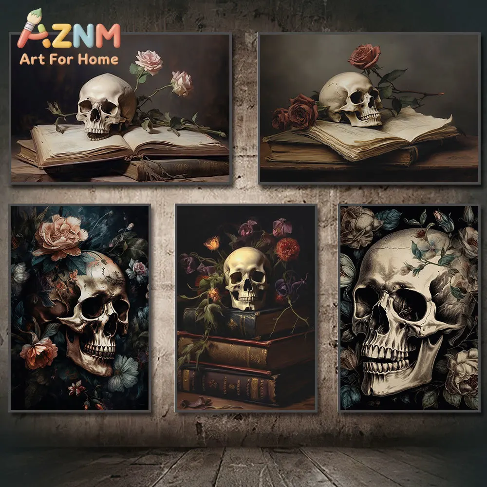 AZNM Dark Gothic Skull Flower Canvas Wall Art Vintage Book Rose Skeleton Dark Aesthetic Picture Unframed Canvas Home Decor Paint