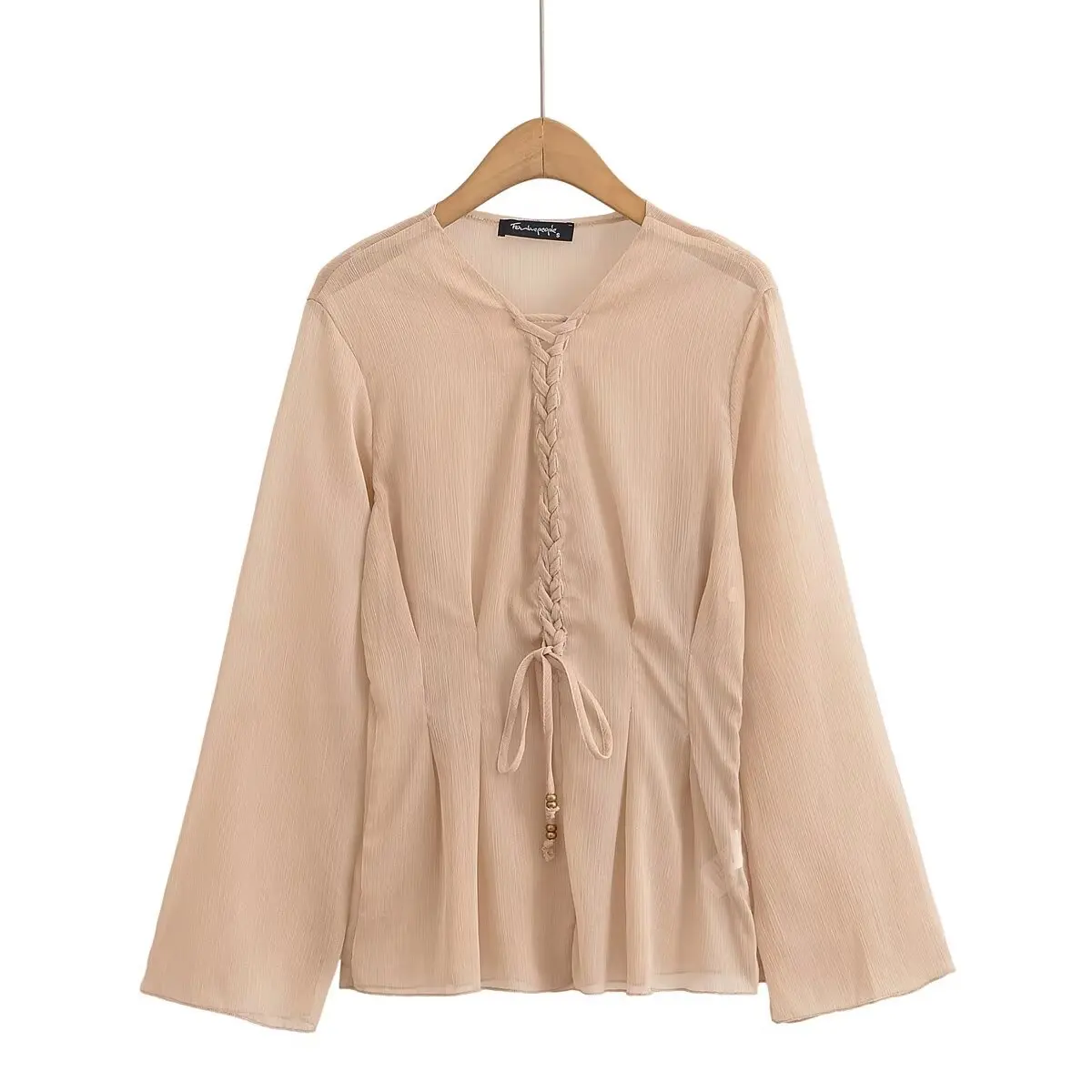 

Women's new tops shirts, bright silk chiffon semi-transparent waistband placket strap design flared sleeve tops comfortable casu