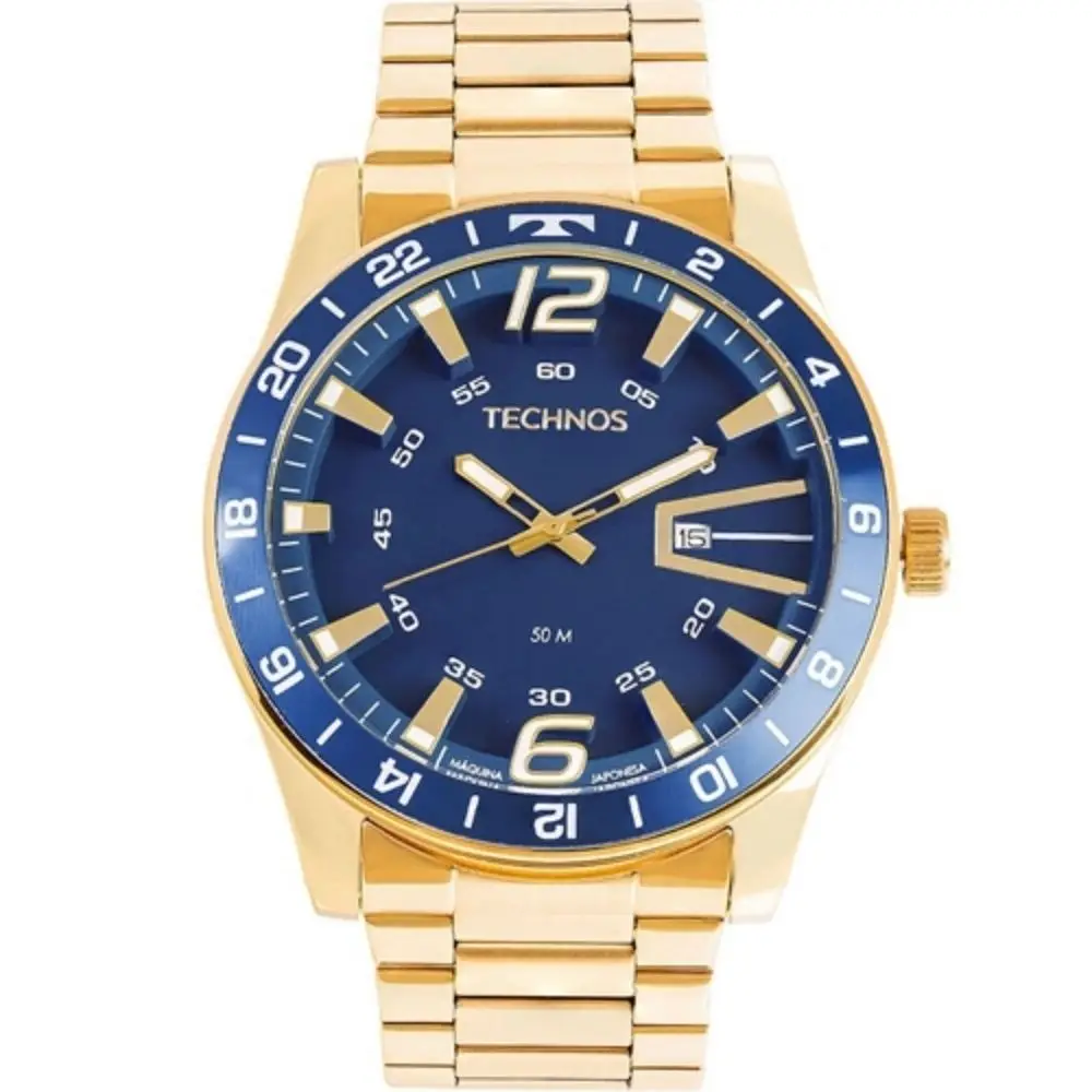 Relogio Technos Masculino Dourado Fundo Azul Banhado the Prova d'água