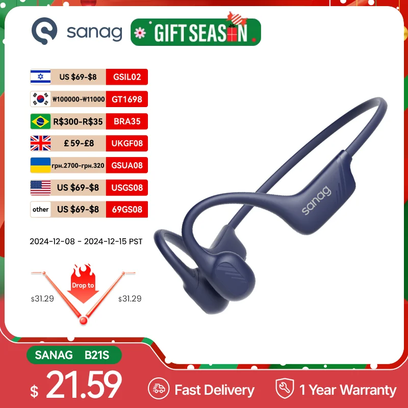 Sanag B21S conducción ósea verdadera Bluetooth 5,4 auriculares AAC HiFi potentes auriculares de graves auriculares deportivos auriculares