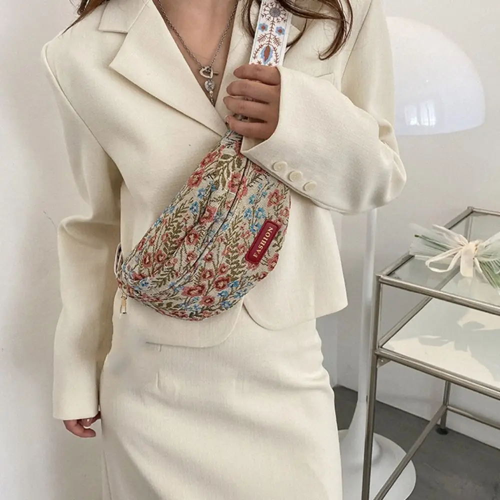 

Nylon Canvas Crossbody Bag Zipper Large Capacity Canvas Chest Bag Half Moon Belt Bag Message Bag Flower Waist Bag Female/Girls