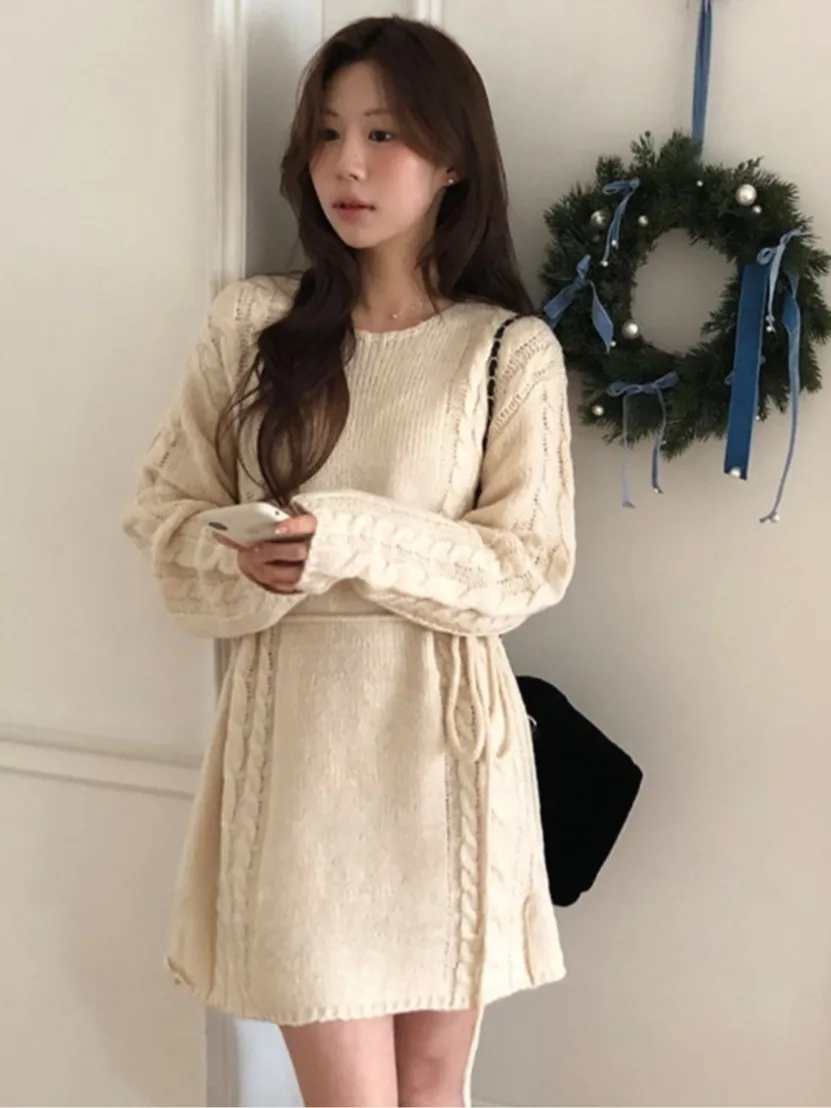 달콤한 니트 패치워크 사이드 스트라이프 허리 조임 스웨터 여성 패션 한국 스타일 겨울 신상 캐주얼 스트리트...