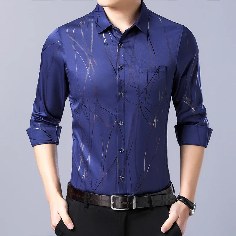 Kemeja kerah bercetak lengan panjang pria, untuk mode musim semi musim gugur nyaman tanpa disetrika