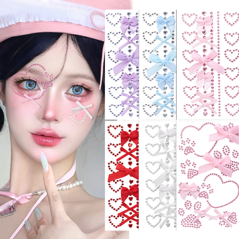 Love Shape Rhinestone Ribbon Bow Facial Stickers Pink Red Ballet Gentle Style Temporary Tattoos Easy To Apply and Remove Sticker