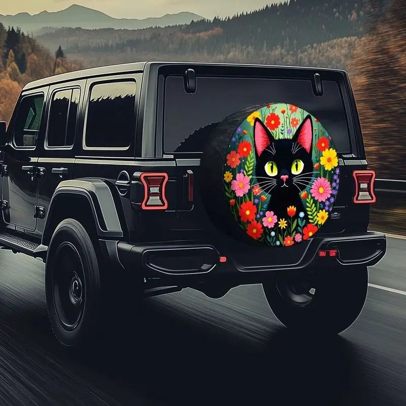 A Beautifully Designed Black Cat Pattern Polyester Spare Tire Cover, Suitable For Various Suvs, Sedans, And Pickups, Featuring B