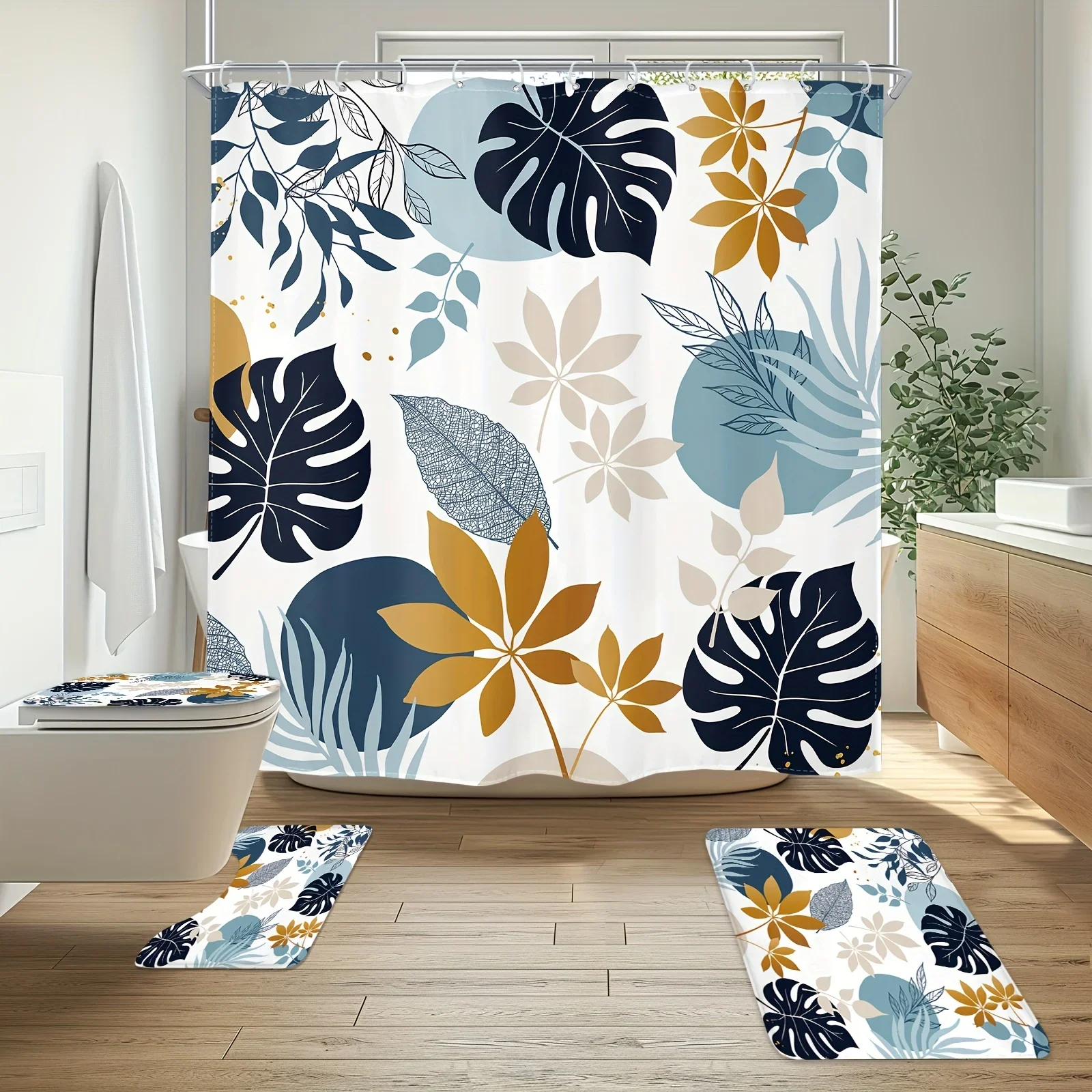 

Набор из 4 предметов — современная занавеска для душа середины века с листьями черепахи и тропическими растениями, нескользящий напольный коврик, коврик для унитаза, U-образный коврик