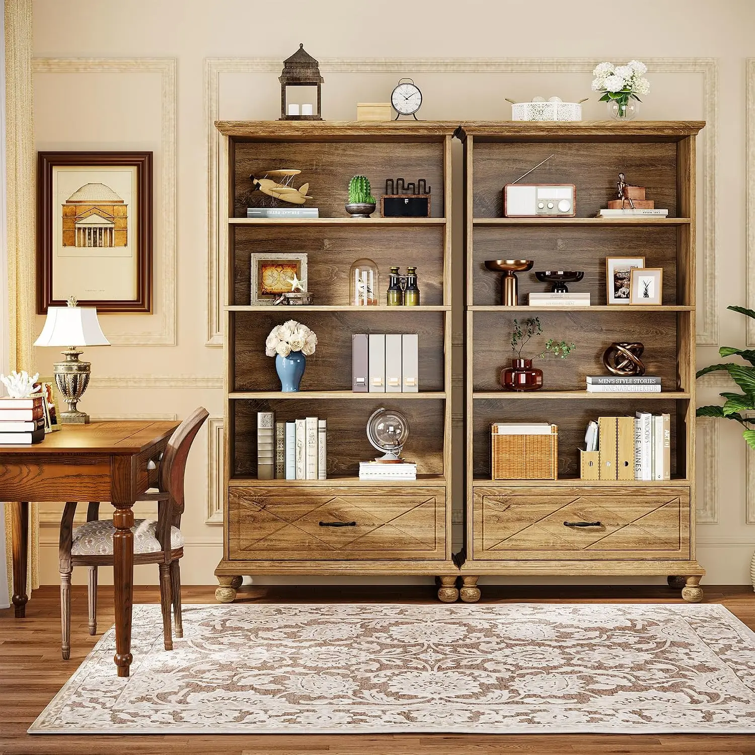 6-Shelf Bookcase Set of 2, 71 Inch Tall Floor Standing Bookshelf with Drawer and Solid Wood Legs, 6-Tier Large, Customized