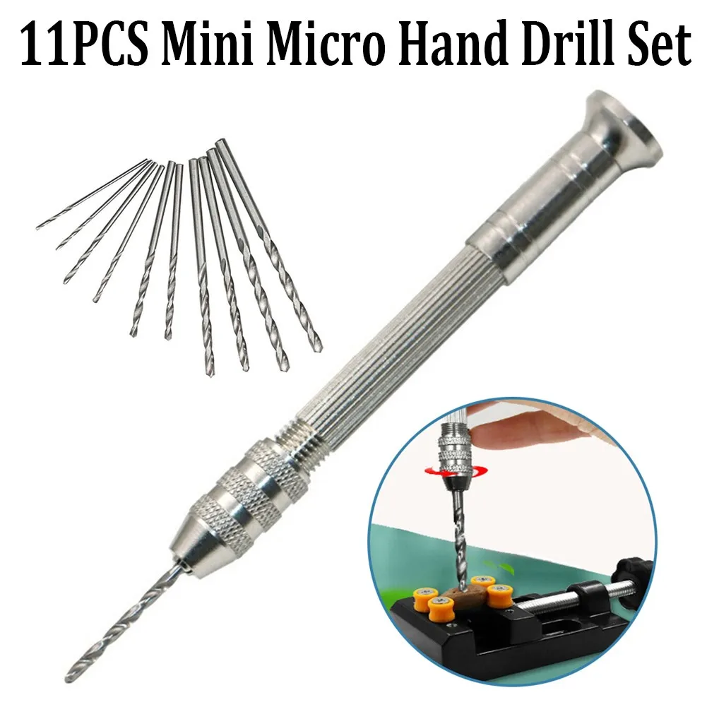 Craft Hand Drill Tool DIY HSS Silver Tool With 10pcs Drill 0.8~3mm 11pcs Aluminum Bit Jewelry Hand Drill Chuck