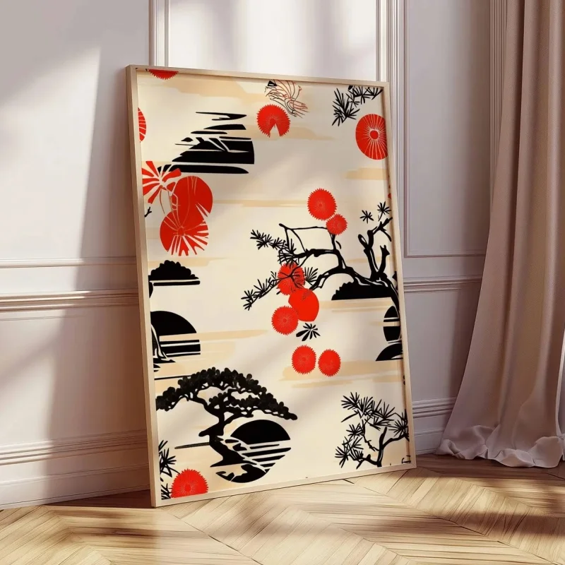Unframe Retro Japanese Wall Art Print, Minimalist Asian Decor, Red and Black Nature Poster, Mid-Century Modern, Zen Living Room