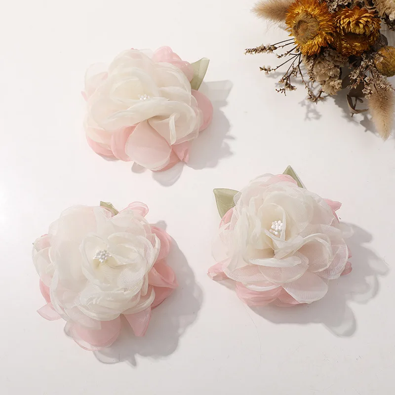 

10 шт. модная нашивка из органзы розового и белого розы DIY головные уборы, кардиган, костюм, цветочные аксессуары, нашивки для одежды