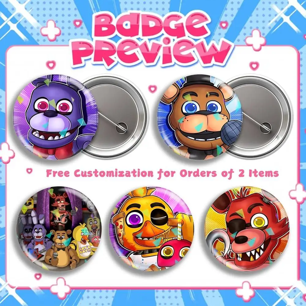 Five N-Nights at F-FreddyS Round Brooch Pins, Personalized Badges With Broken Glass Design Fashion Accessory
