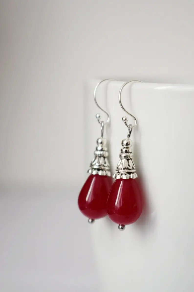 Red jade teardrop earrings, Gemstone sterling silver dangle and drop earrings, Red stone boho hanging earrings, Unique