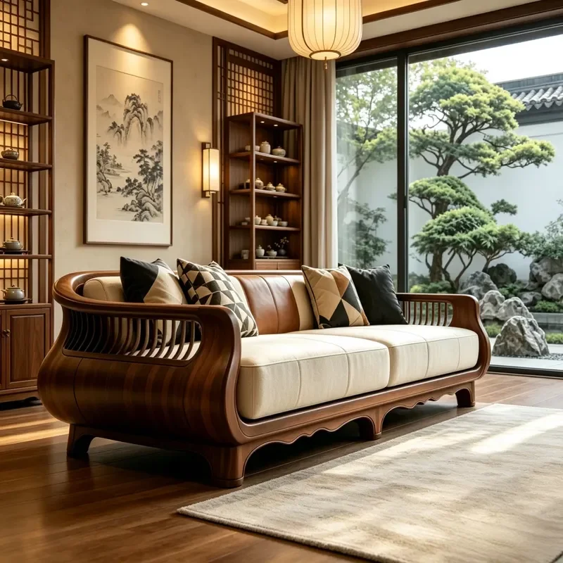 New Chinese Style Black Walnut Solid Wood Inline Sofa Modern Minimalist Light Luxury Living Room Furniture Simple Elegant