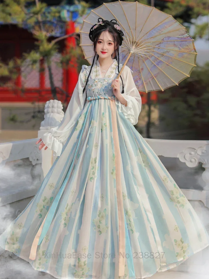 In Stock Chinese Clothes Lolita Dresses Blue Modern Hanfu Girls Women's Improved Daily Ancient Fairy Han Elements Tang Dynasty