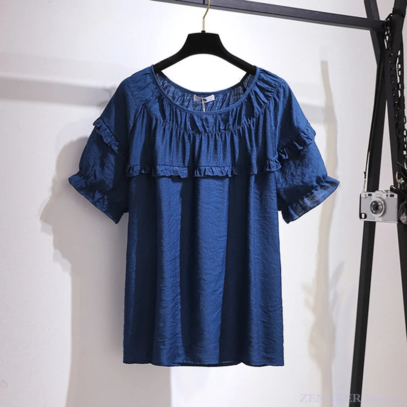 ขนาดใหญ่น้องสาวเด็กเล็กสดเสื้อด้านบน4XL 5XL หลวม Ruffled สั้นเสื้อยืดฤดูร้อนสไตล์ใหม่ขนาดผู้หญิง6xl