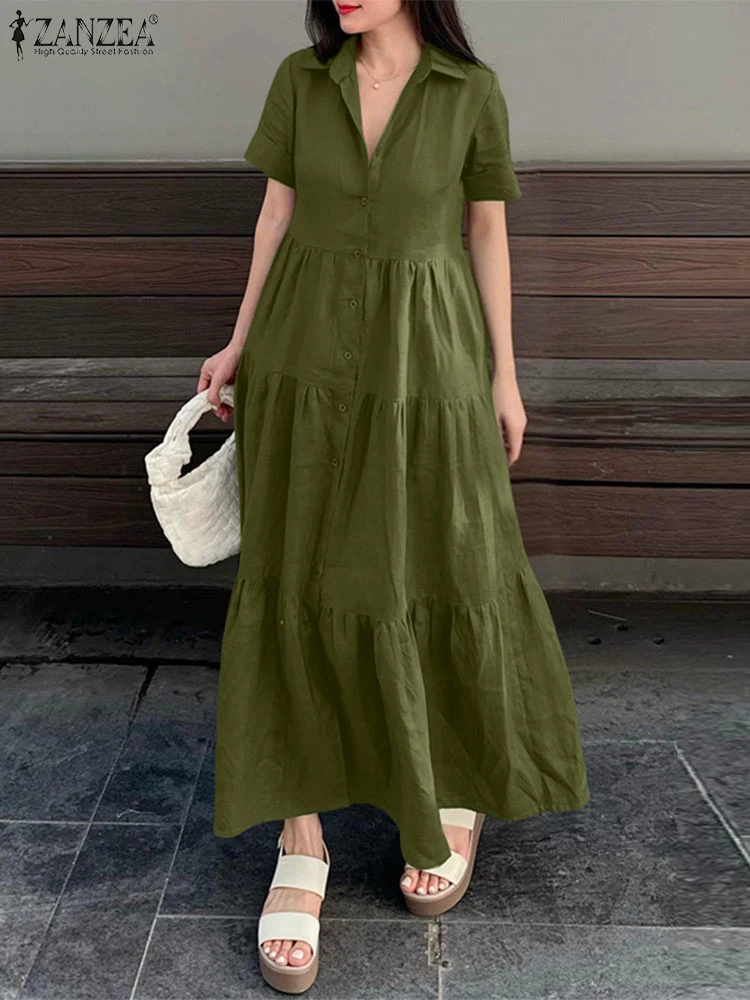 Zanzea feminino elegante em camadas maxi vestidos 2025 moda turn-down colarinho manga curta botão acima camisa de deslocamento robes femme