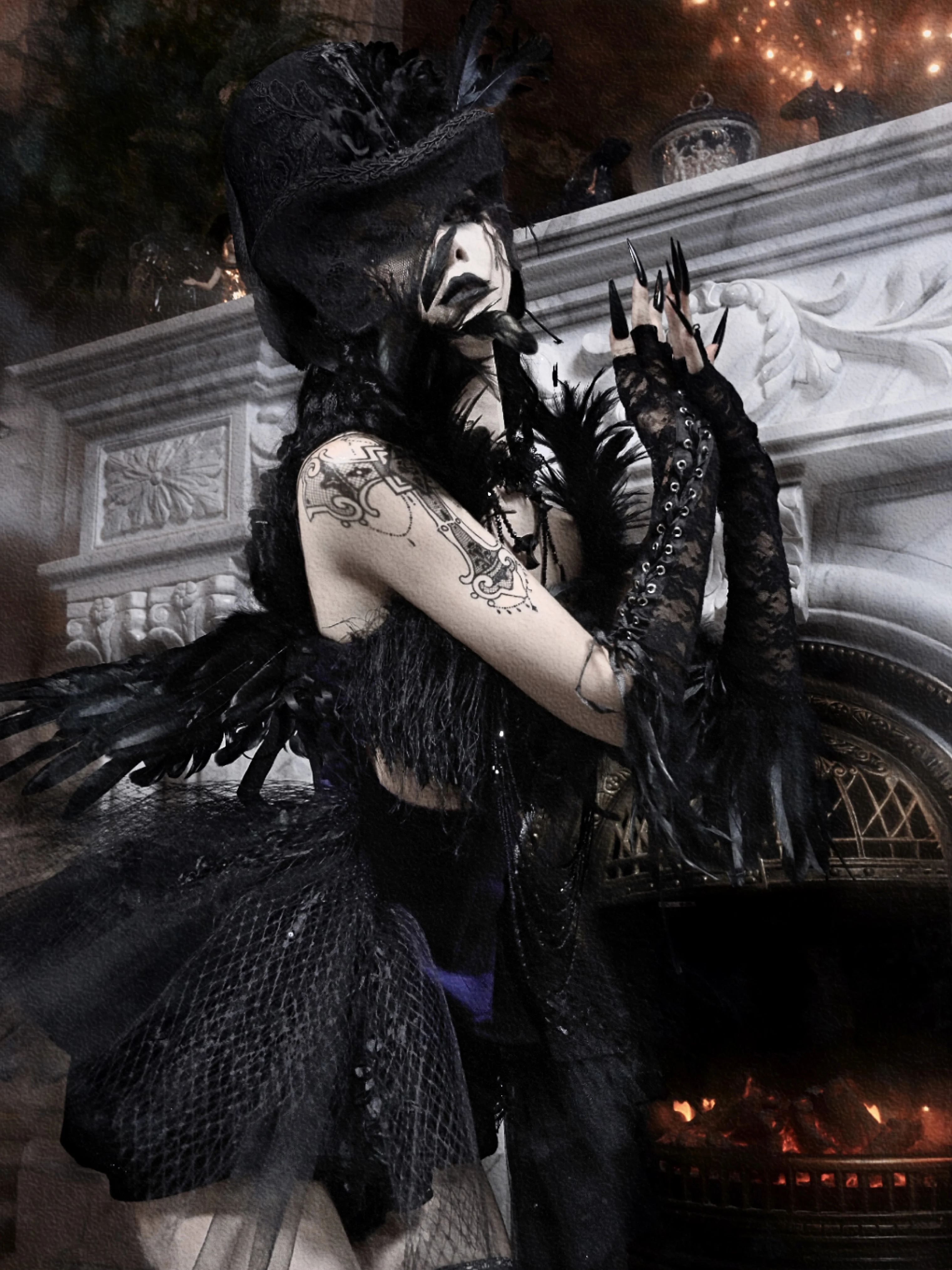 Blood Supply Gothic Luxury Shiny Diamonds Black Feathers Patch Sweep Tail Mesh Dress Top Ballet Hollween Asymmetric Jupe Vestido