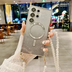 Case For Samsung Galaxy S24 FE S25 S26 Ultra S21 S23 S22 Plus Magnetic Pearl Crossbody Cord Lanyard Strap Clear Glitter Cover