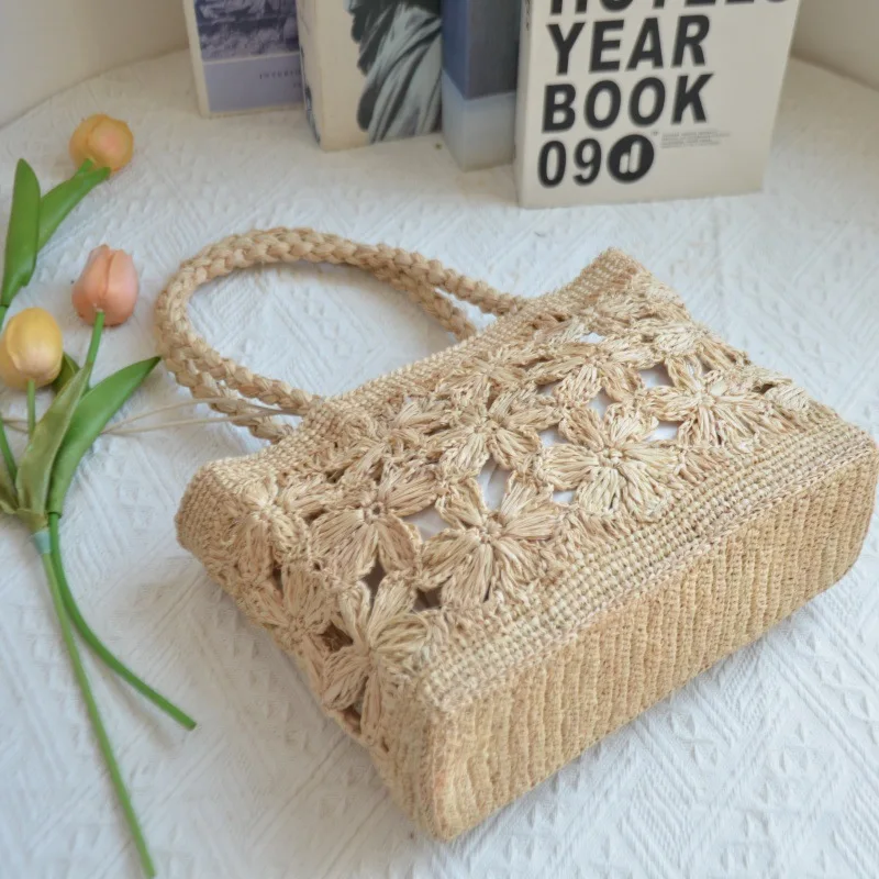 Bohemian Flower Straw Bag Tote Hollow Floral Beach Bags For Women Handbag Handmade Woven Shoulder Bag Summer Travel Shopper NEW